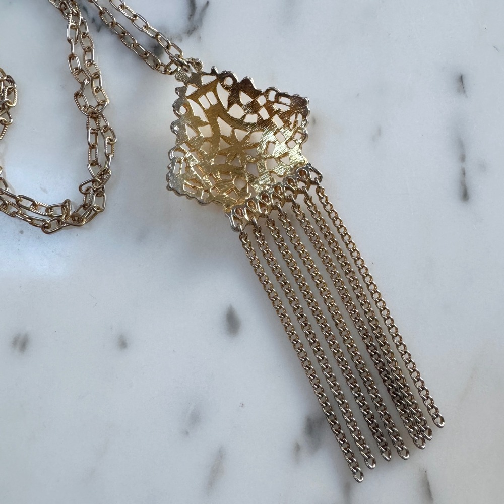 Vintage Boho Style Tassel Statement Necklace Gold Tone Festival Estruscan Mogul - Picture 9 of 9